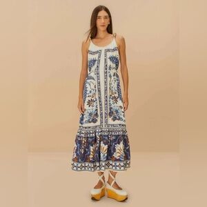 FARM Rio Ana Tapestry Metal Fish Strap Maxi Dress, White/Blue, NWT 🇧🇷